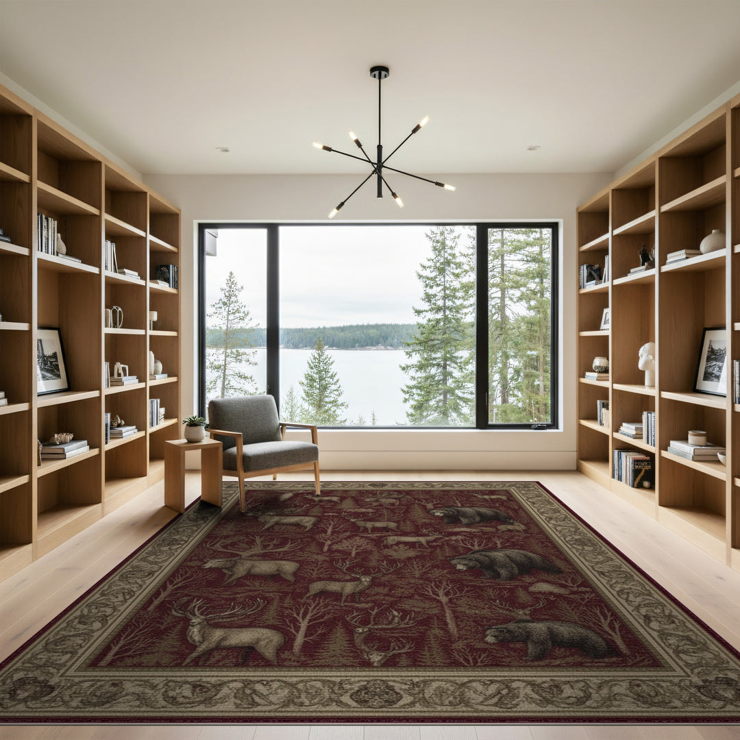 Red Forest Wildlife Area Rug