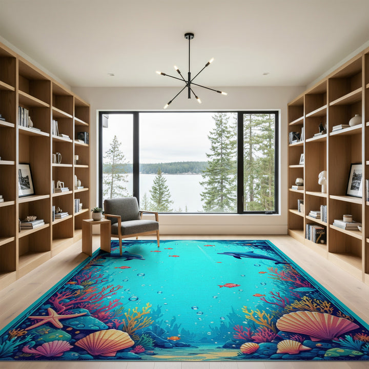 Dolphin Reef Blue Teal Coastal Area Rug