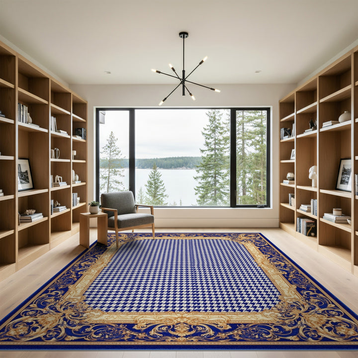 Blue Houndstooth Gold Border Area Rug