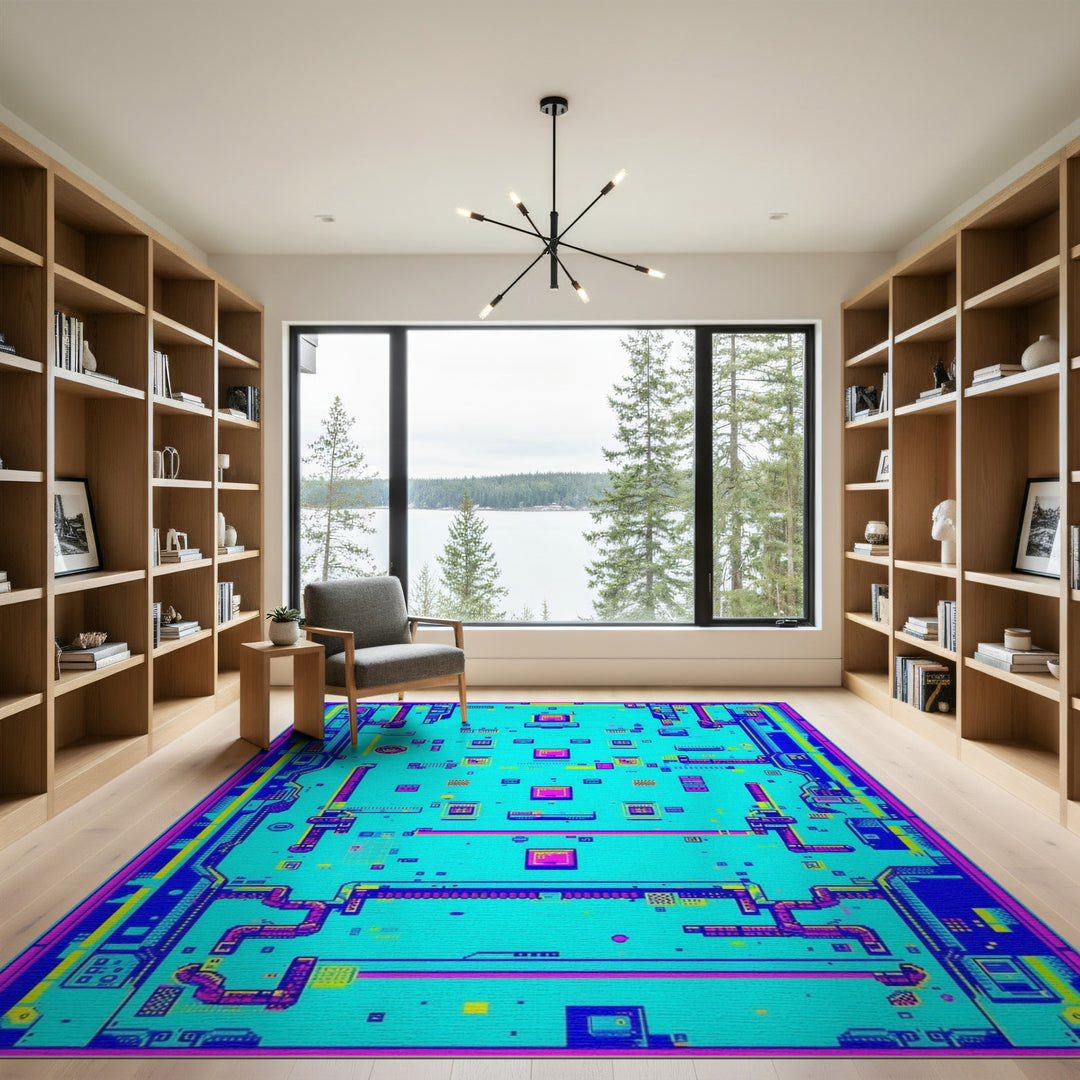 Neon Blue Pixel Circuit Area Rug