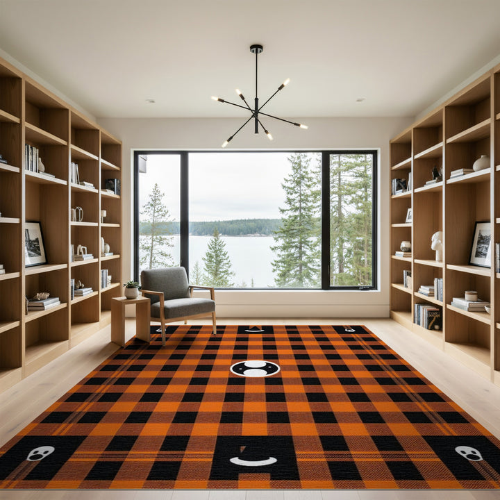 Orange Black Plaid Halloween Ghost Area Rug