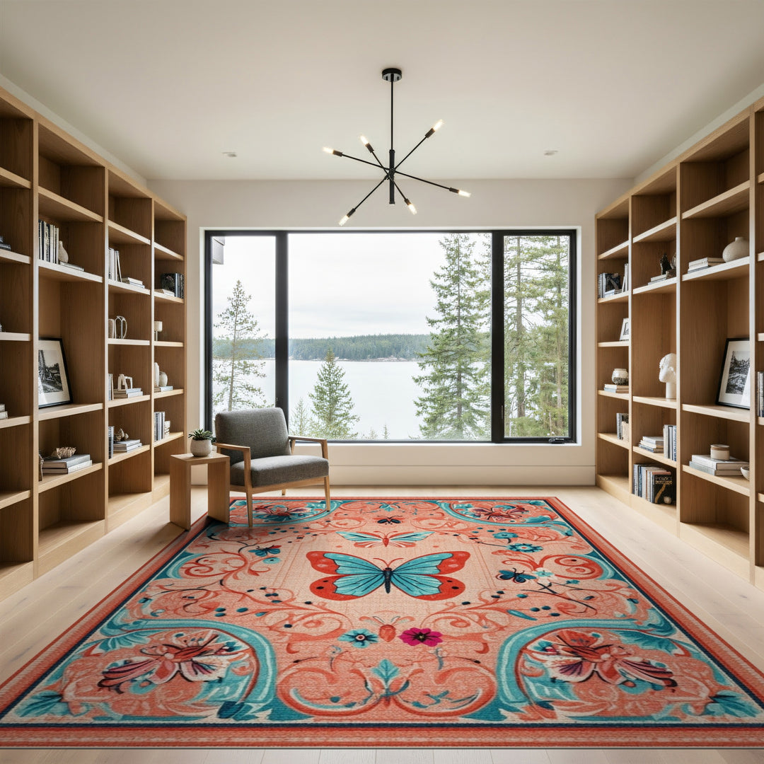 Blue Teal Butterfly Floral Vintage Area Rug