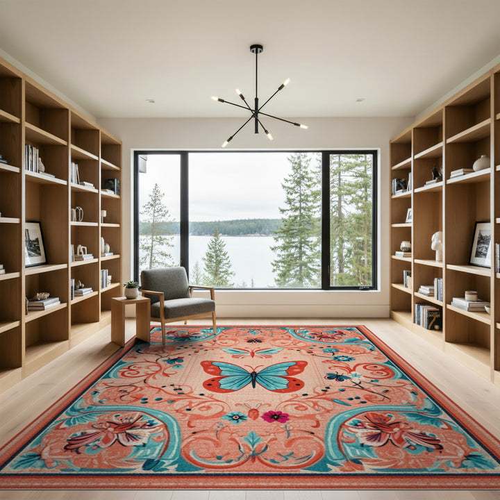 Blue Teal Butterfly Floral Vintage Area Rug