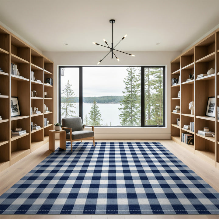Blue and Teal Geometric Modern Navy Blue Checkered Washable Area Rug