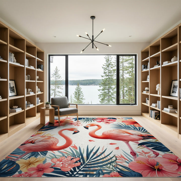 Multi-color and Patterns Pink Flamingo Hibiscus Washable Area Rug