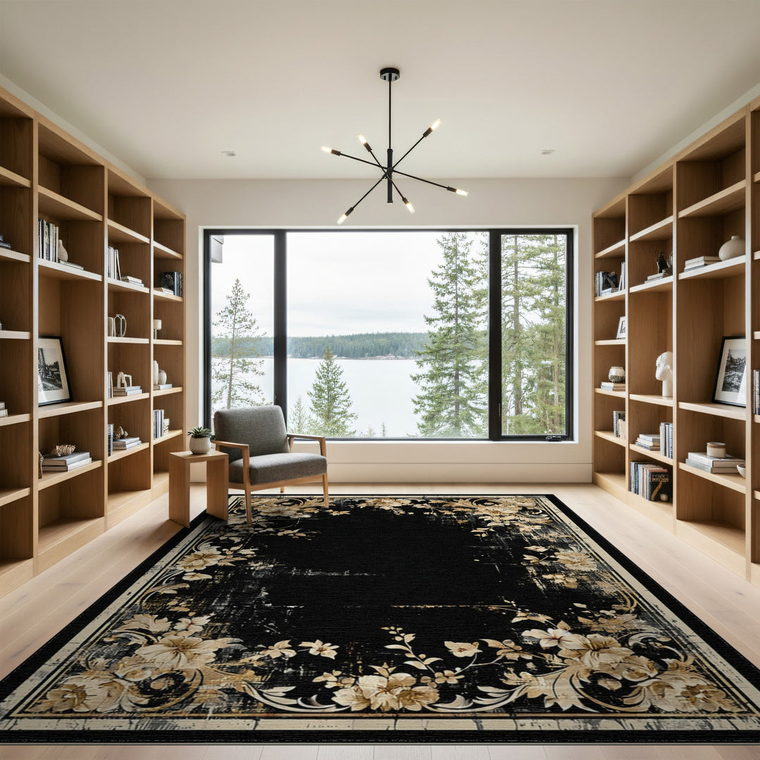 Distressed Floral Black Area Rug