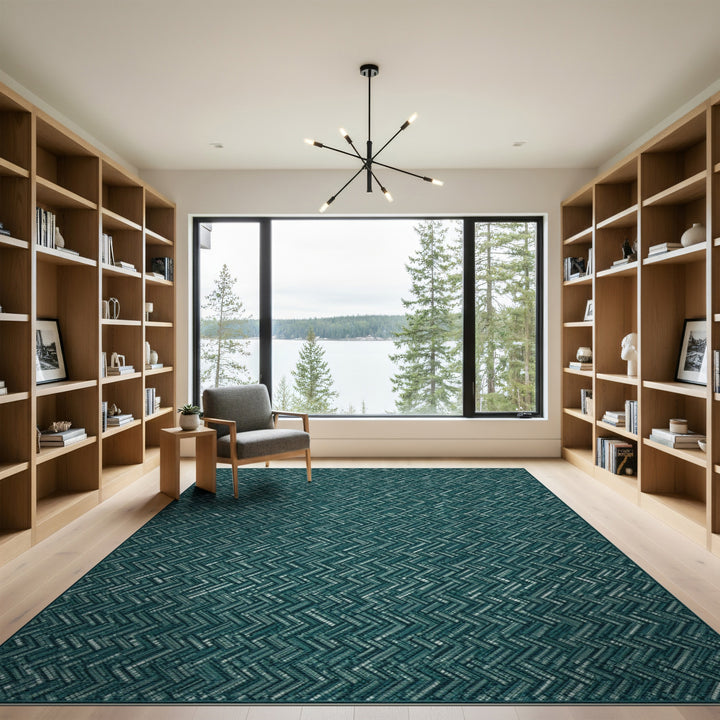 Teal Herringbone Geometric Area Rug