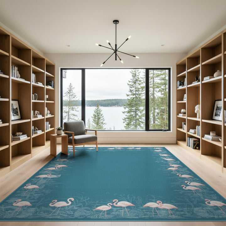 Pink Flamingo Teal Border Washable Area Rug
