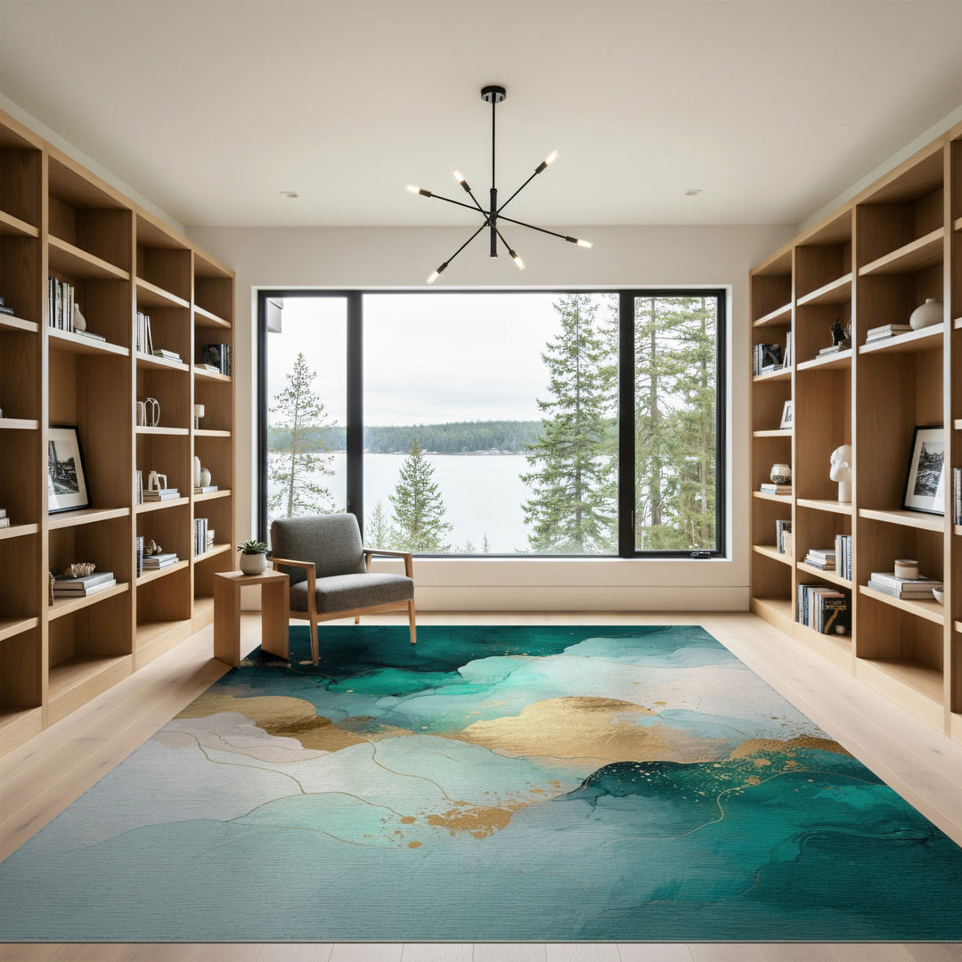 Teal and Gold Abstract Wave Area Rug