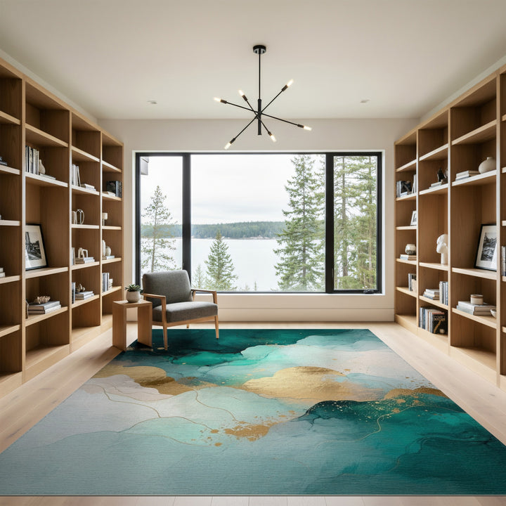 Teal and Gold Abstract Wave Area Rug