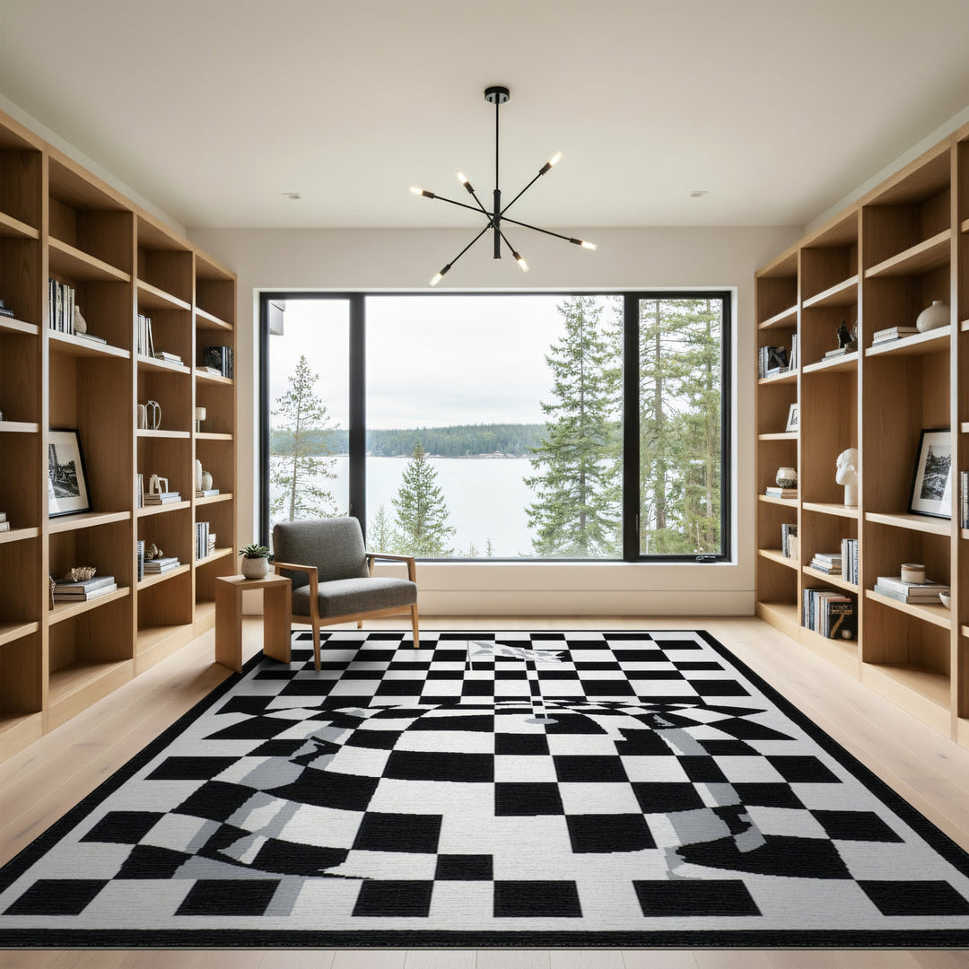 Black White Wavy Checkered Illusion Area Rug