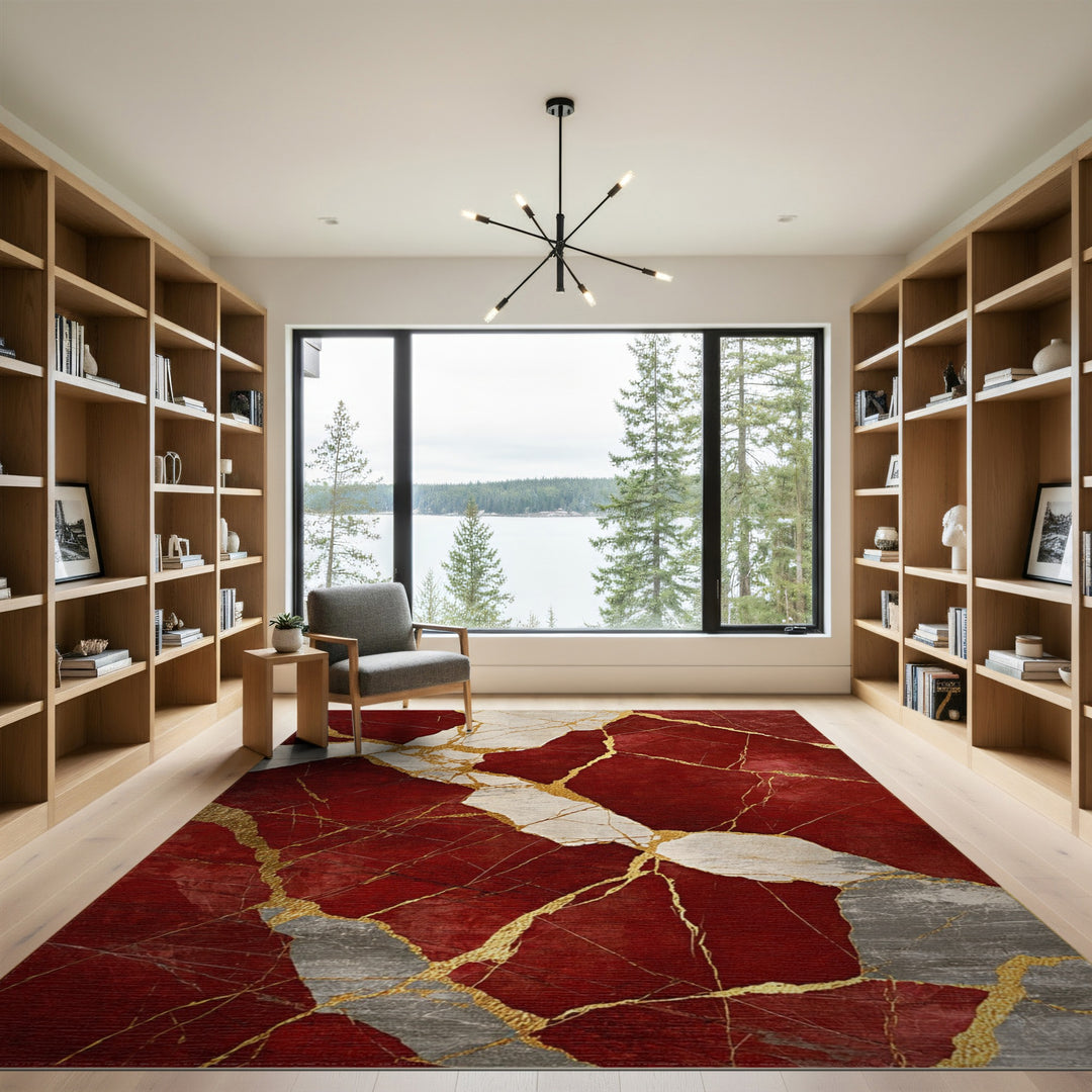 Red Marble Gold Vein Red Area Rug