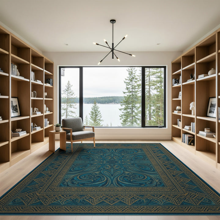 Blue and Teal and Gold Traditional Persian Area Rug