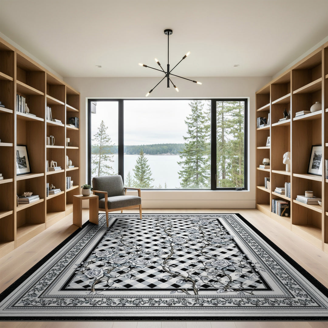 Black White Rose Trellis Area Rug