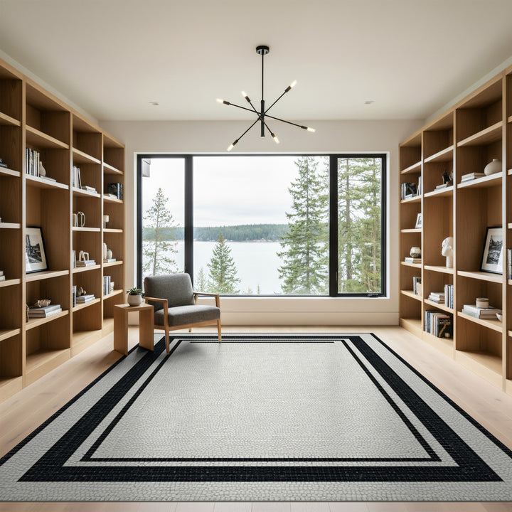 Black White Mosaic Framed Area Rug