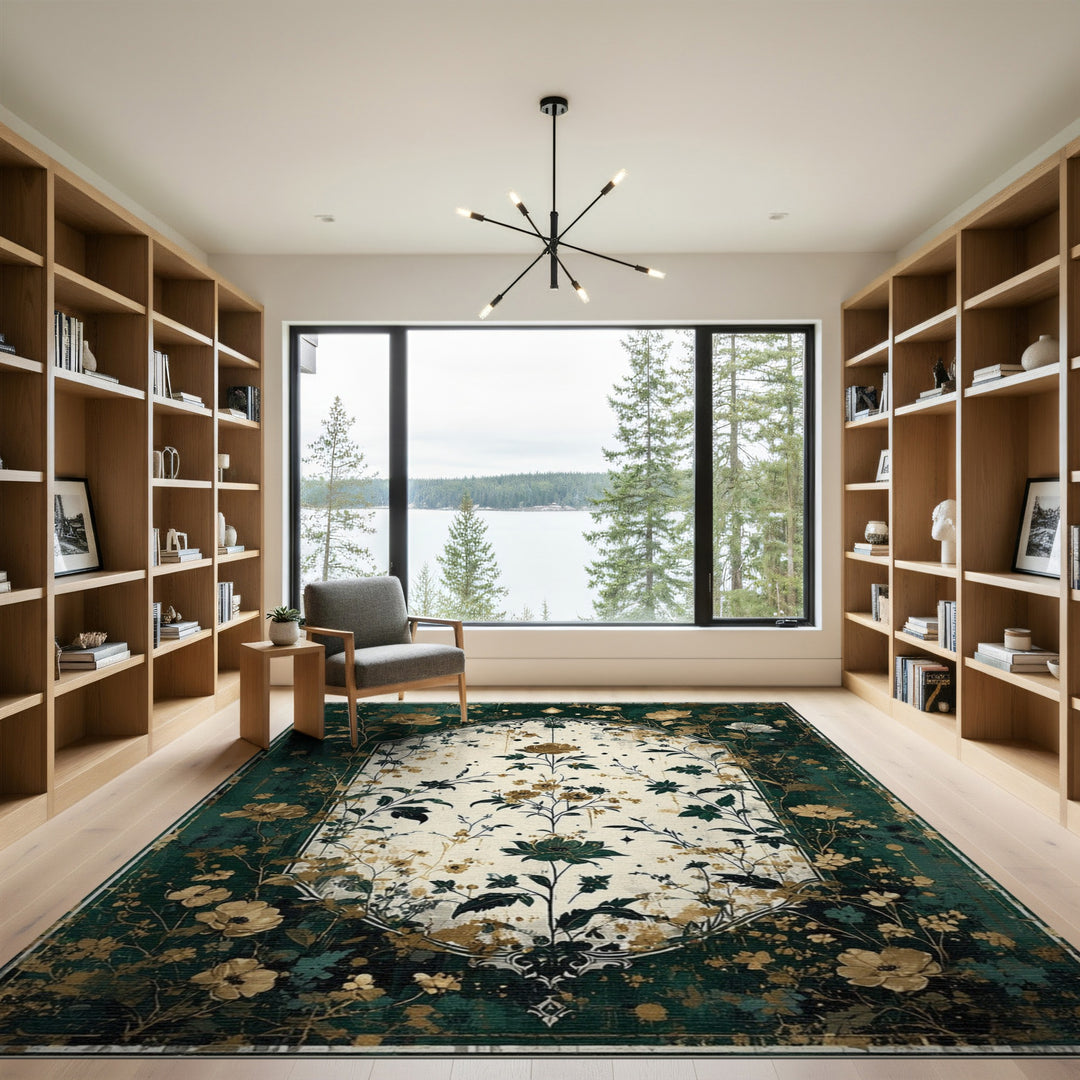 Green Gold Floral Vintage Floral Vintage Area Rug
