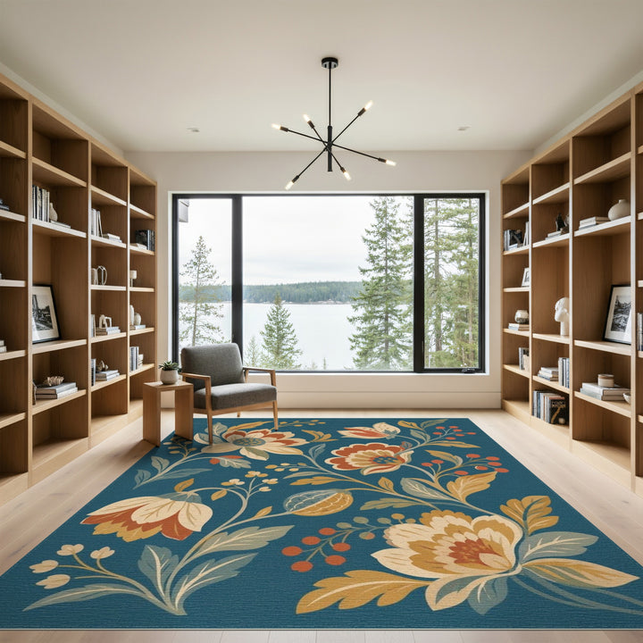 Vintage Floral Teal Washable Area Rug