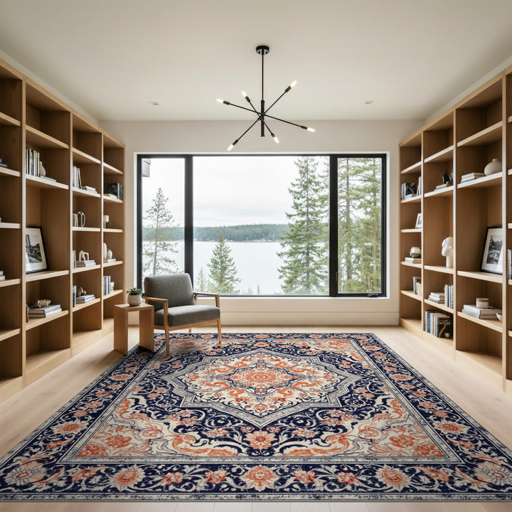Navy Orange Traditional Persian Area Rug