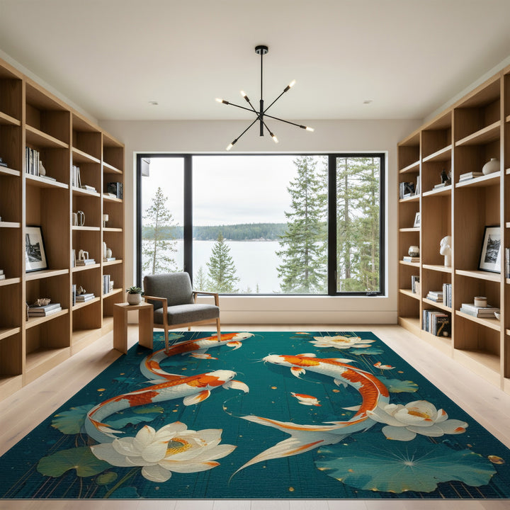 Koi Lotus Teal Washable Area Rug