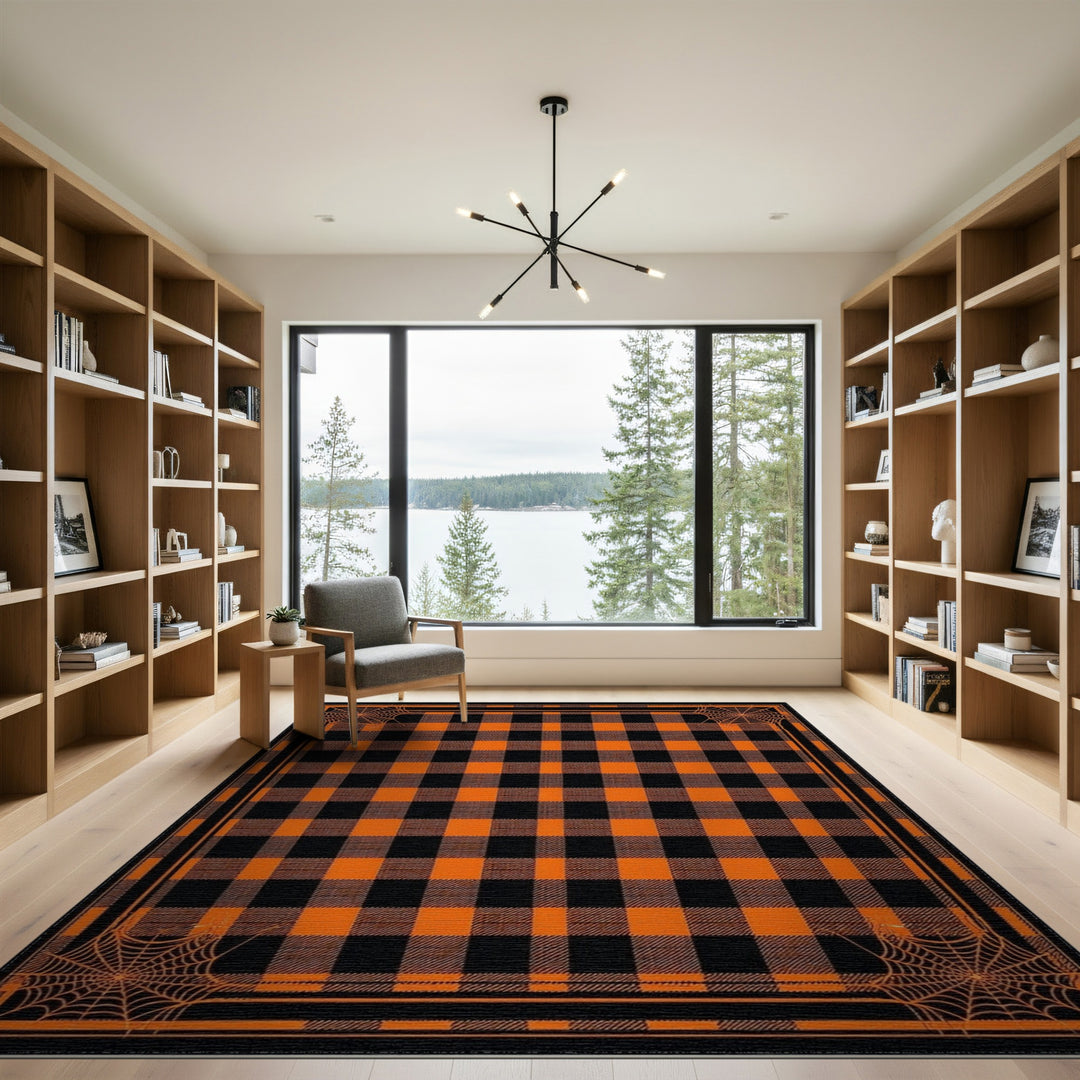 Orange Buffalo Check Spider Web Area Rug
