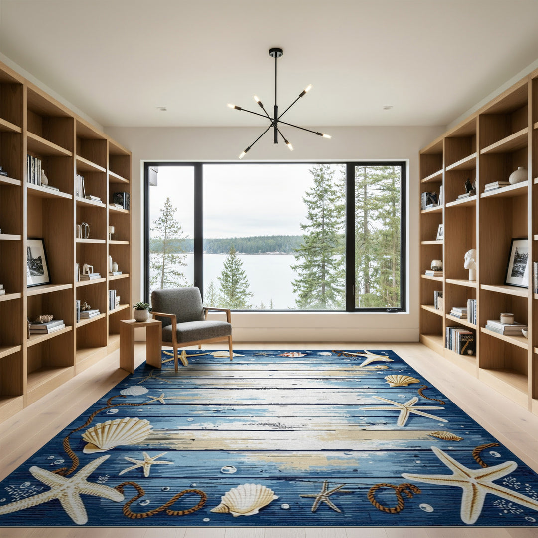 Blue and Teal Coastal Blue Starfish Seashell Area Rug