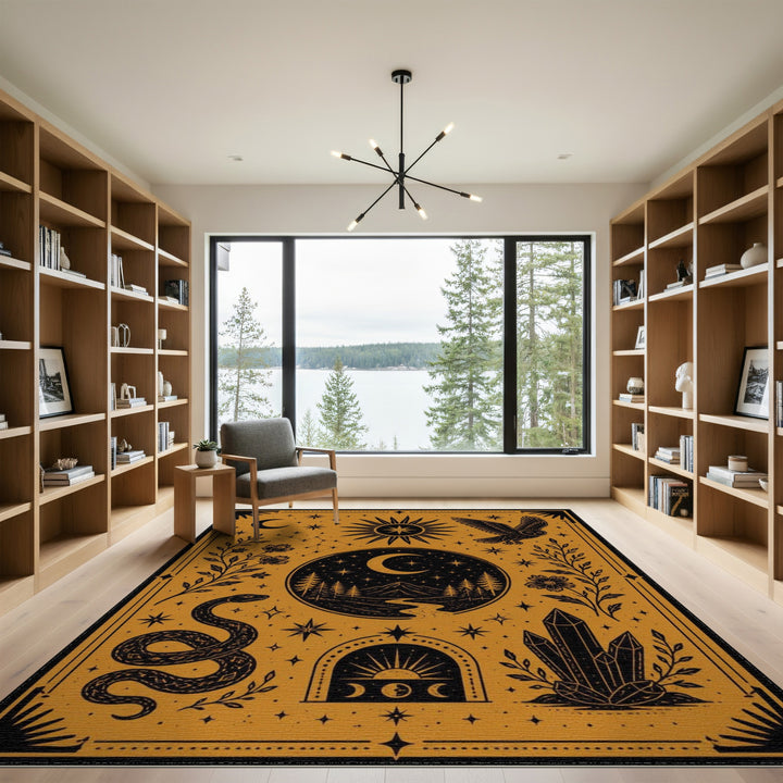 Celestial Boho Area Rug with Snake Owl and Moon