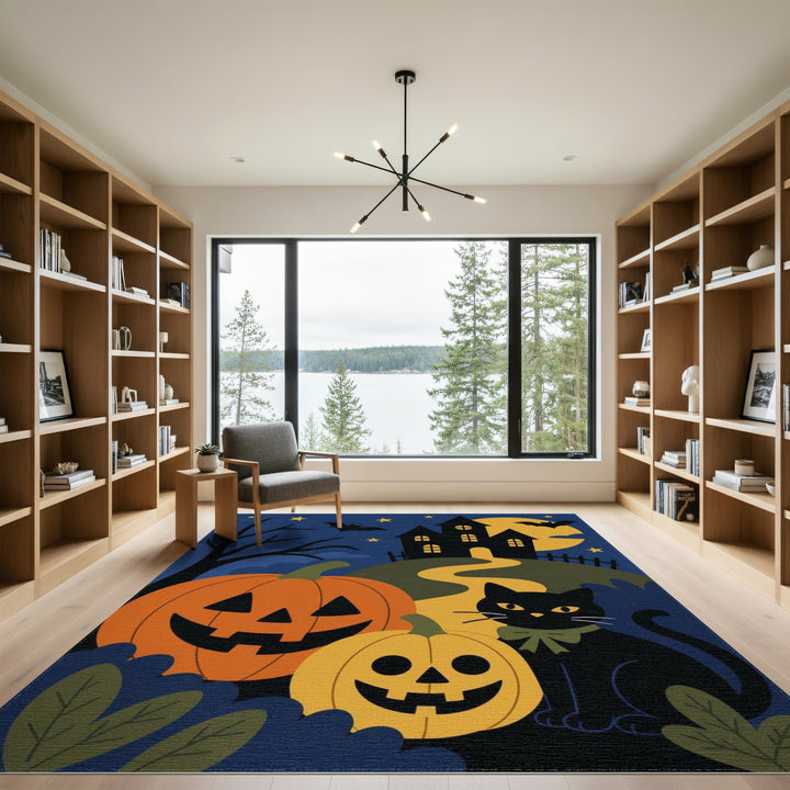 Halloween Black Cat and Pumpkins Area Rug