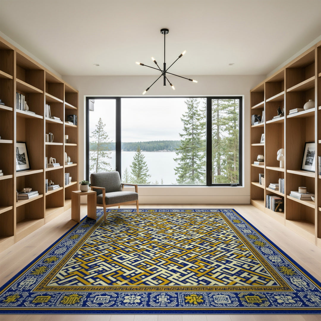 Blue Gold Geometric Maze Area Rug