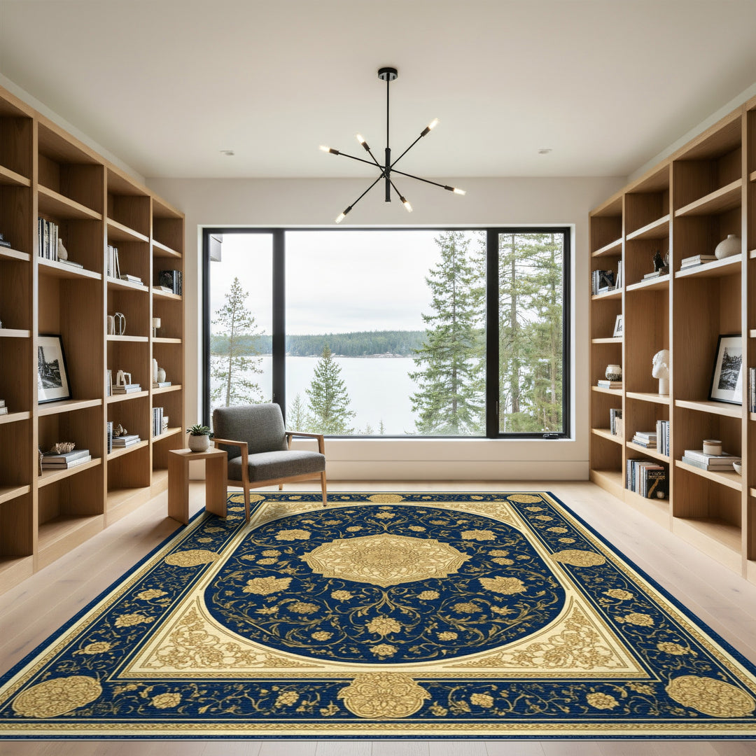Navy Blue Gold Floral Medallion Persian Rug