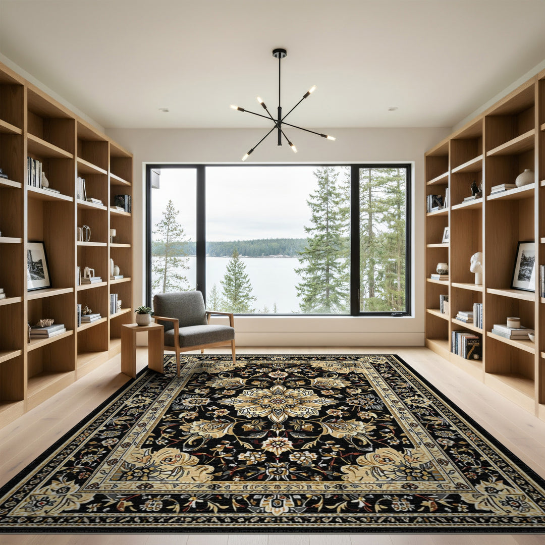Black Gold Persian Floral Medallion Area Rug