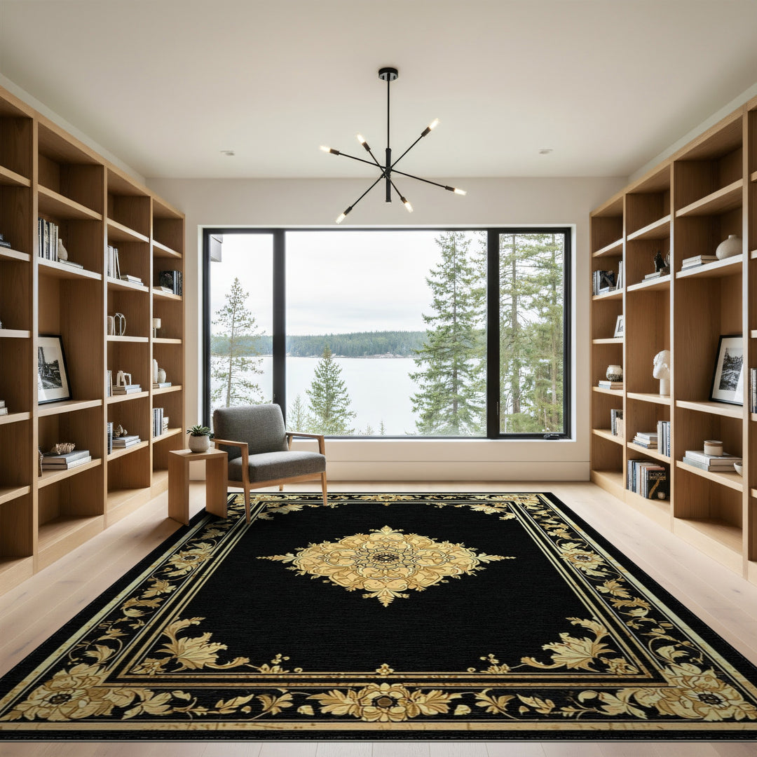Gold Floral Medallion Black Area Rug