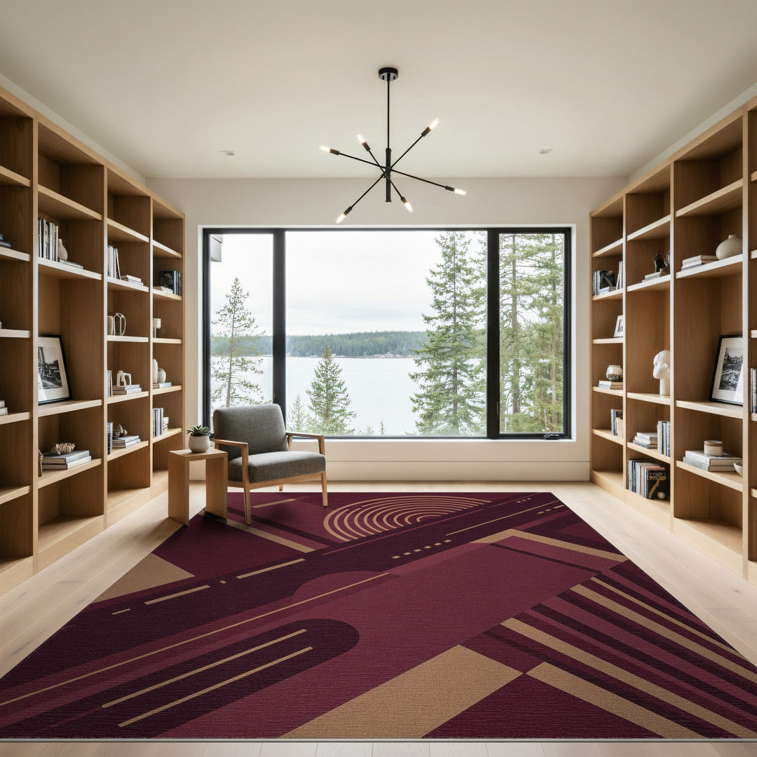 Geometric Red Area Rug with Gold Accents