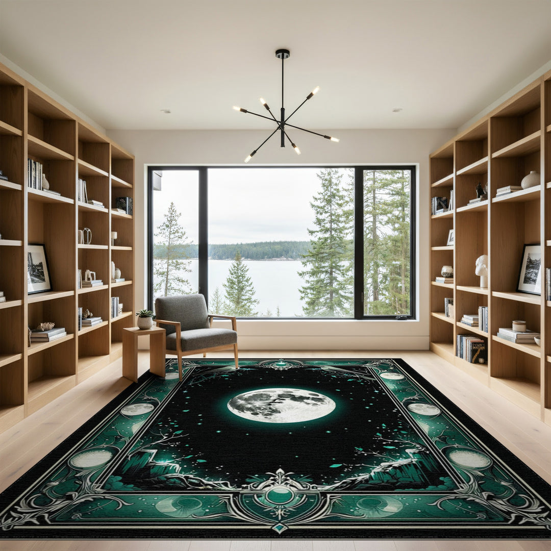 Celestial Moon Birds Teal Area Rug