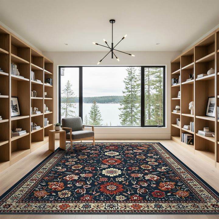 Navy Floral Traditional Persian Area Rug