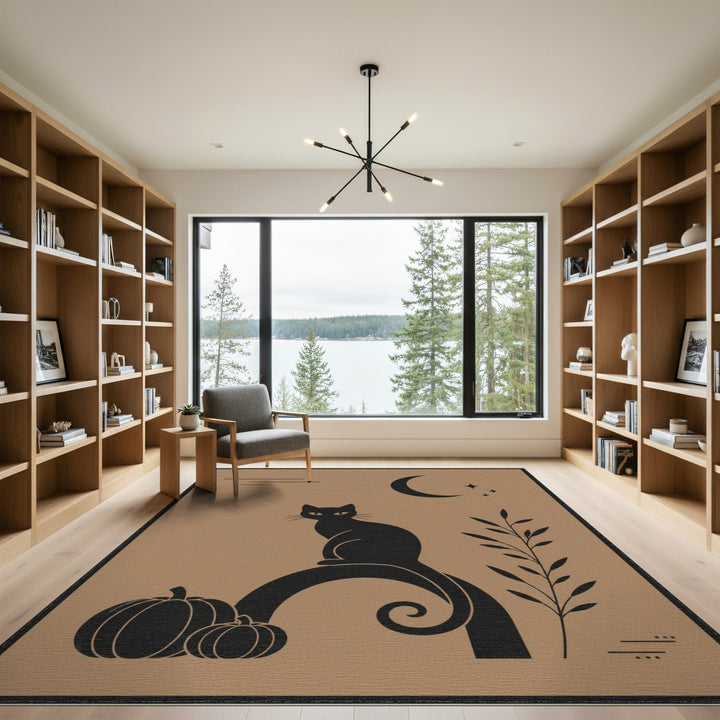 Brown and Tan Black Cat Pumpkin Moon Area Rug