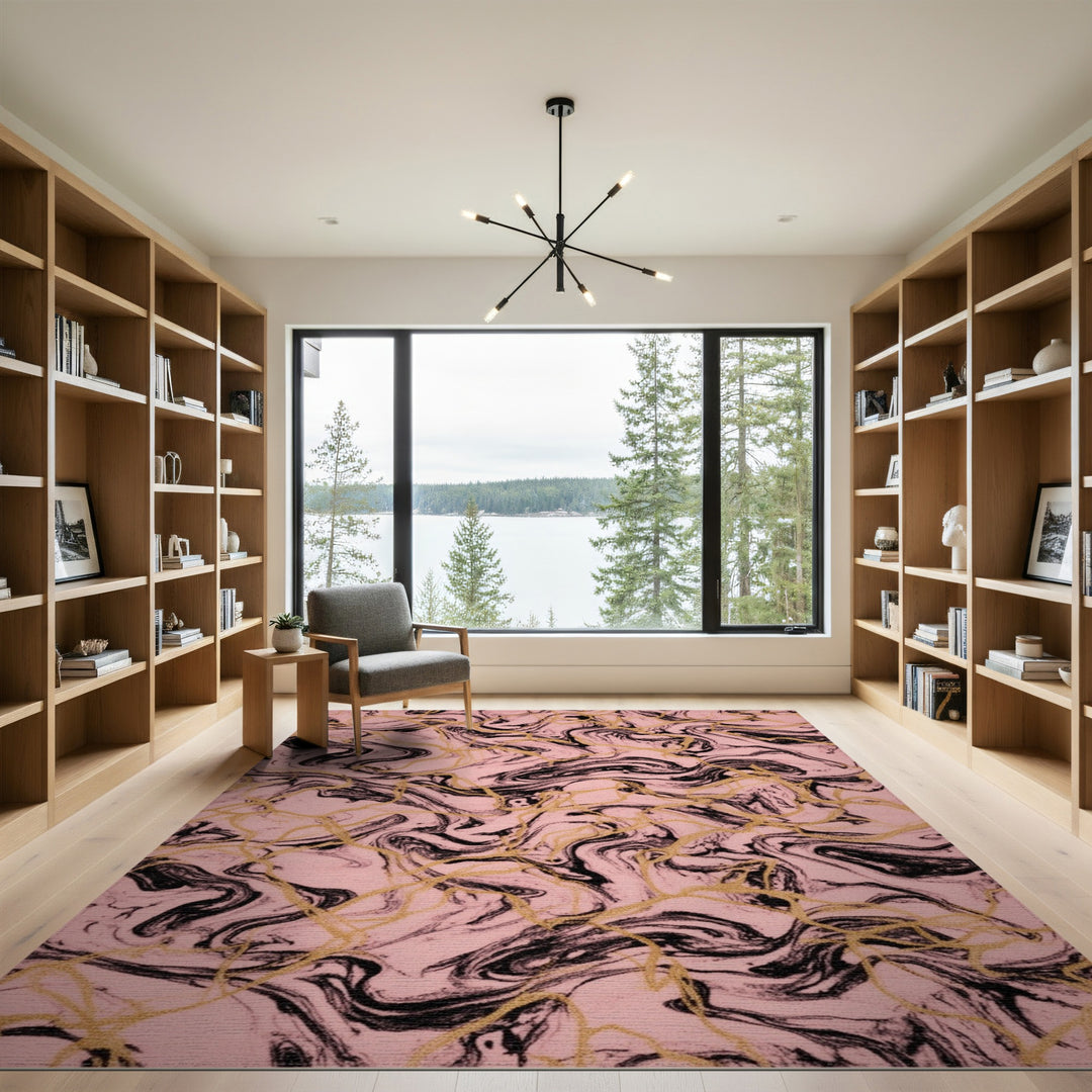Pink Marble Swirl Area Rug with Gold Accents