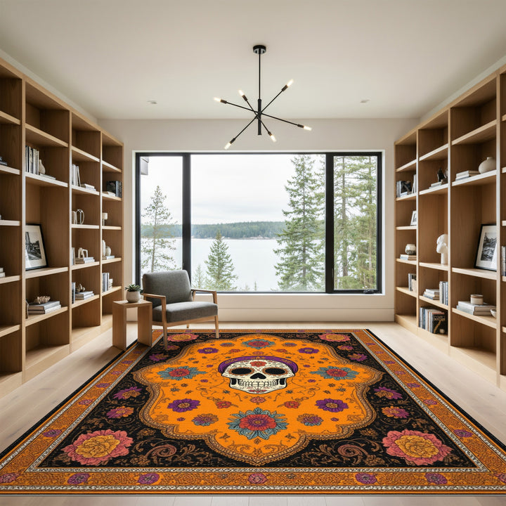 Orange Sugar Skull Floral Area Rug