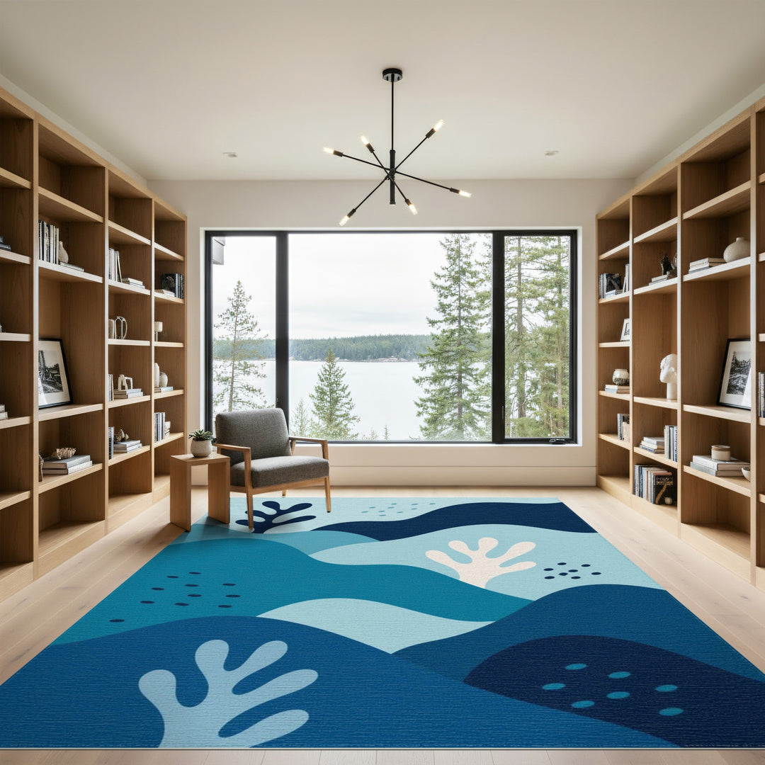 Blue Teal Abstract Wave Area Rug