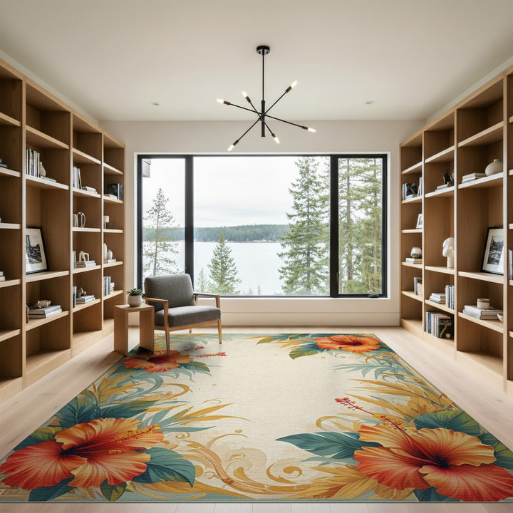 Orange Hibiscus Floral Vintage Area Rug
