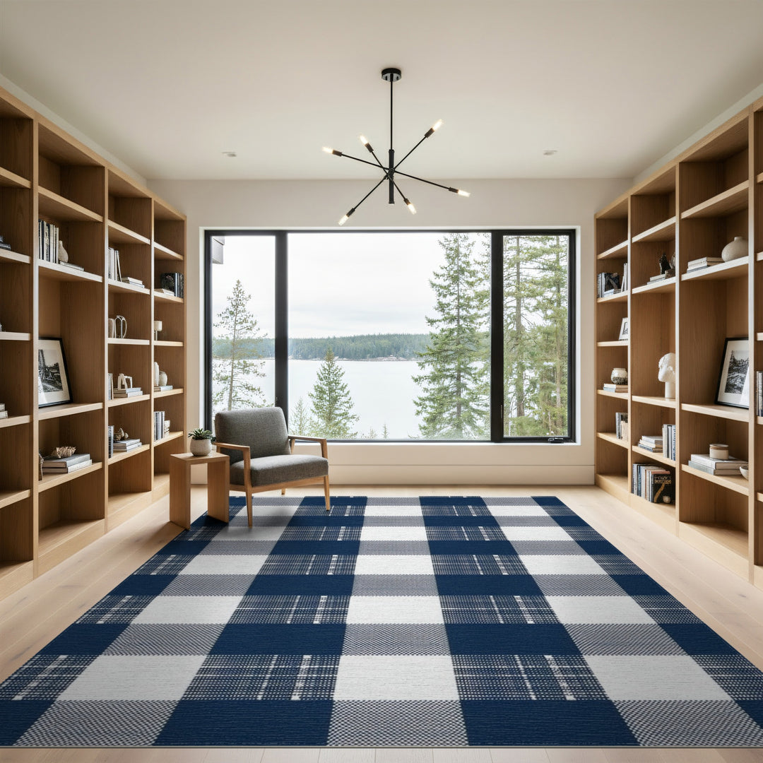 Blue and Teal Navy Checkered Washable Area Rug