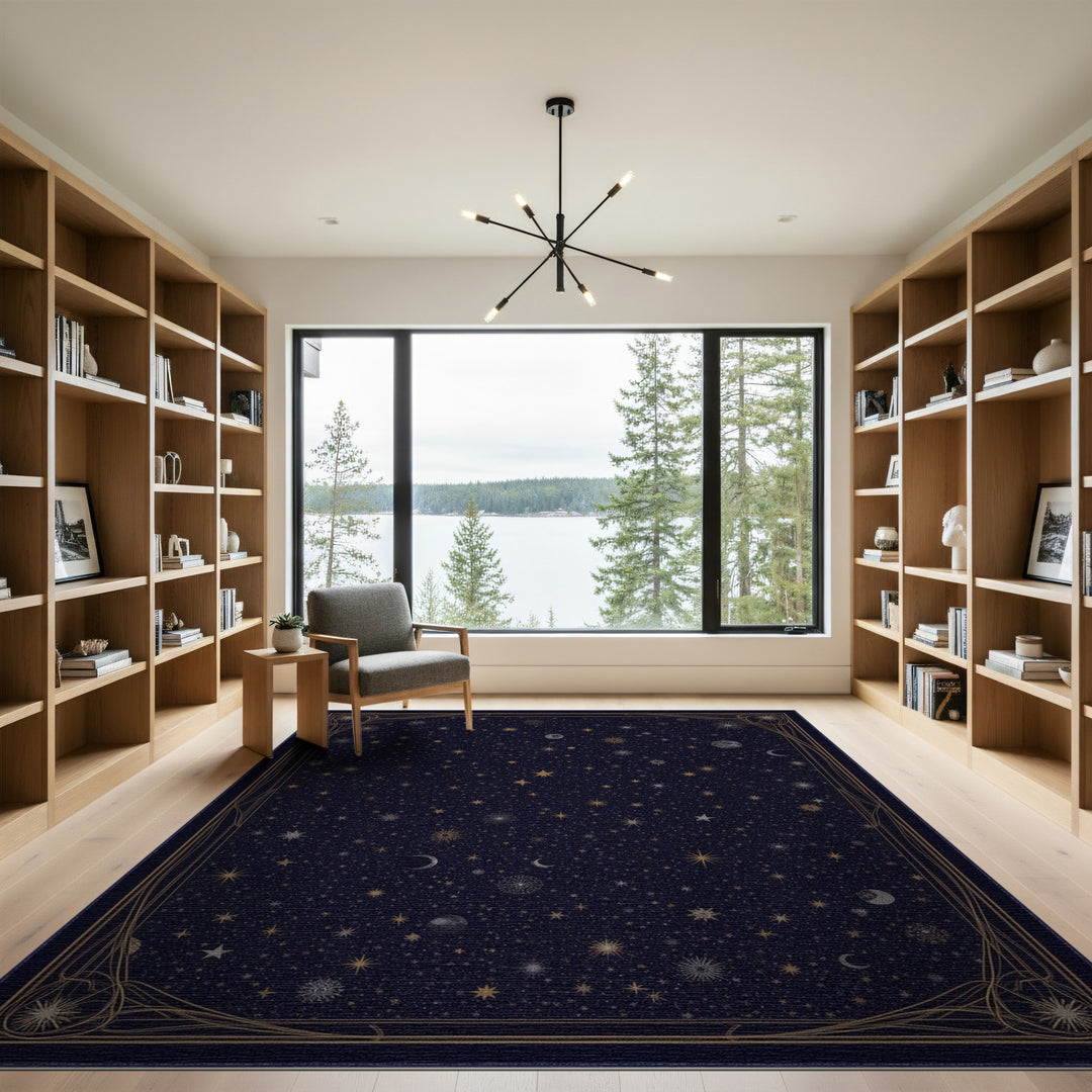 Navy Celestial Stars Gold Border Rug