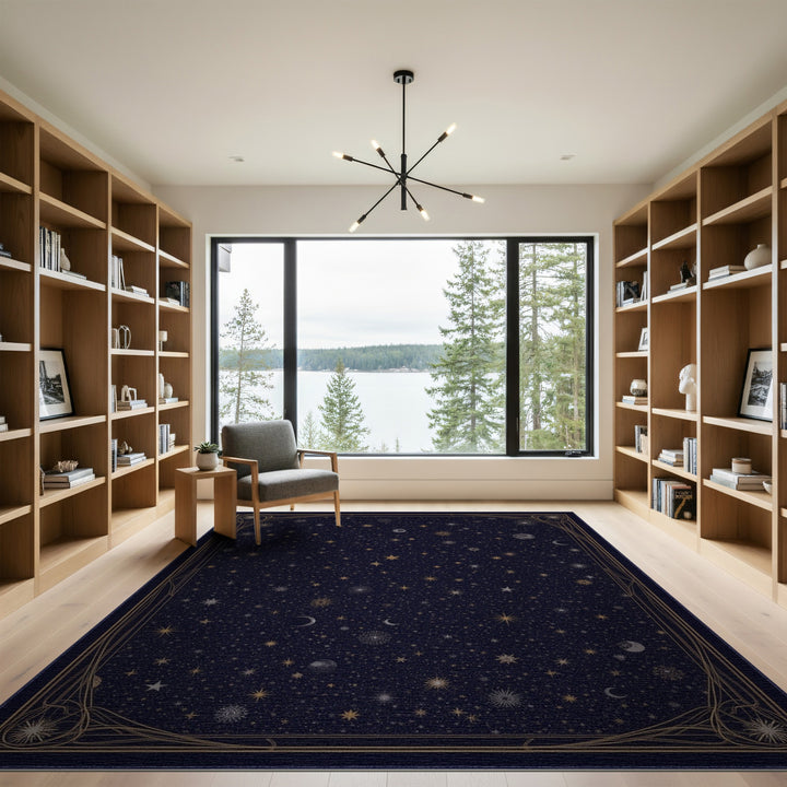 Navy Celestial Stars Gold Border Rug