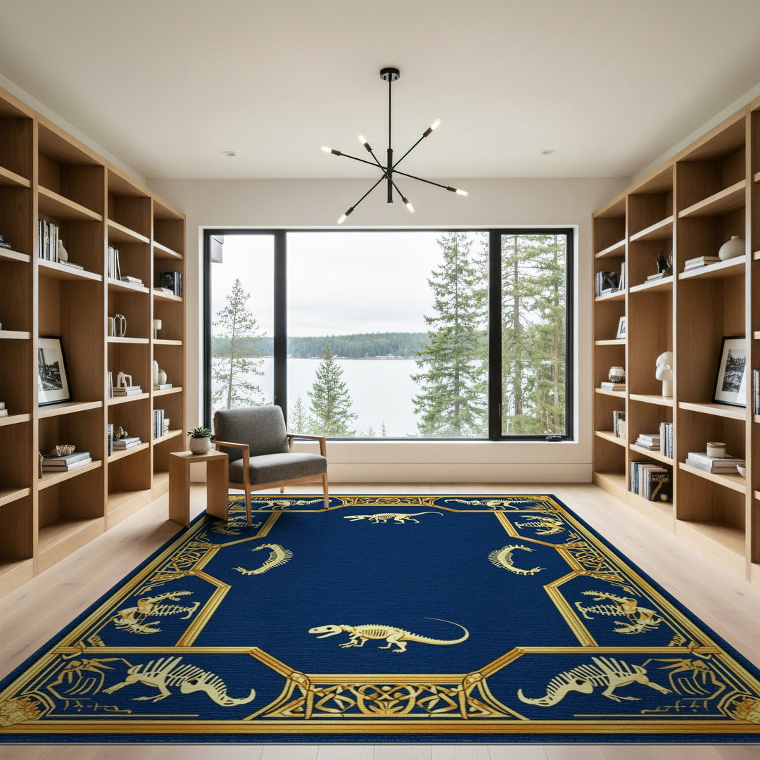 Dinosaur Skeleton Blue Gold Area Rug