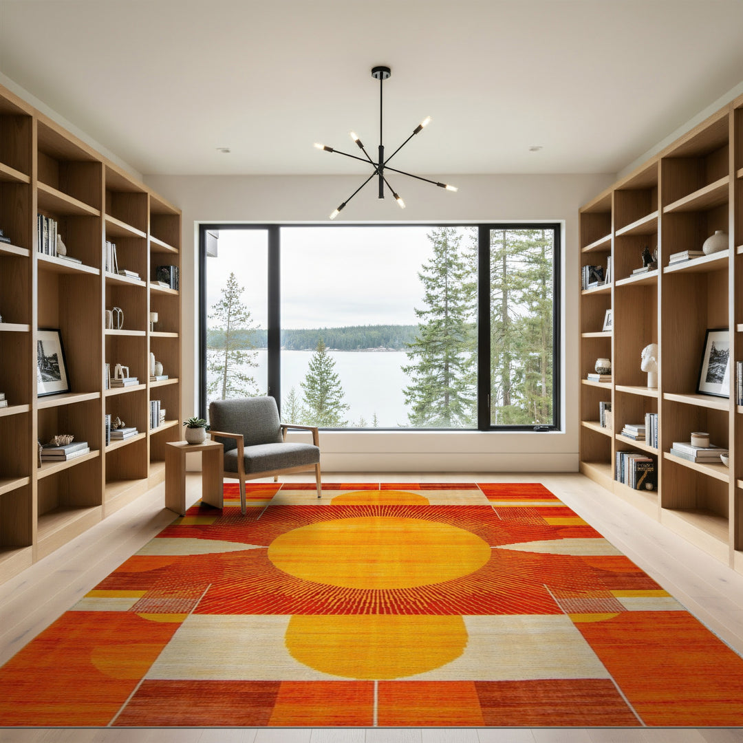 Orange Sunburst Geometric Modern Area Rug