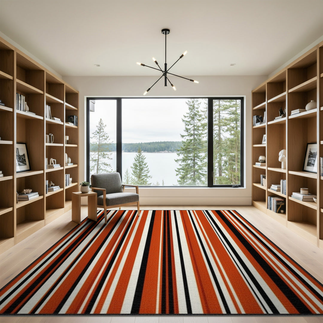 Bold Orange Black Striped Washable Area Rug