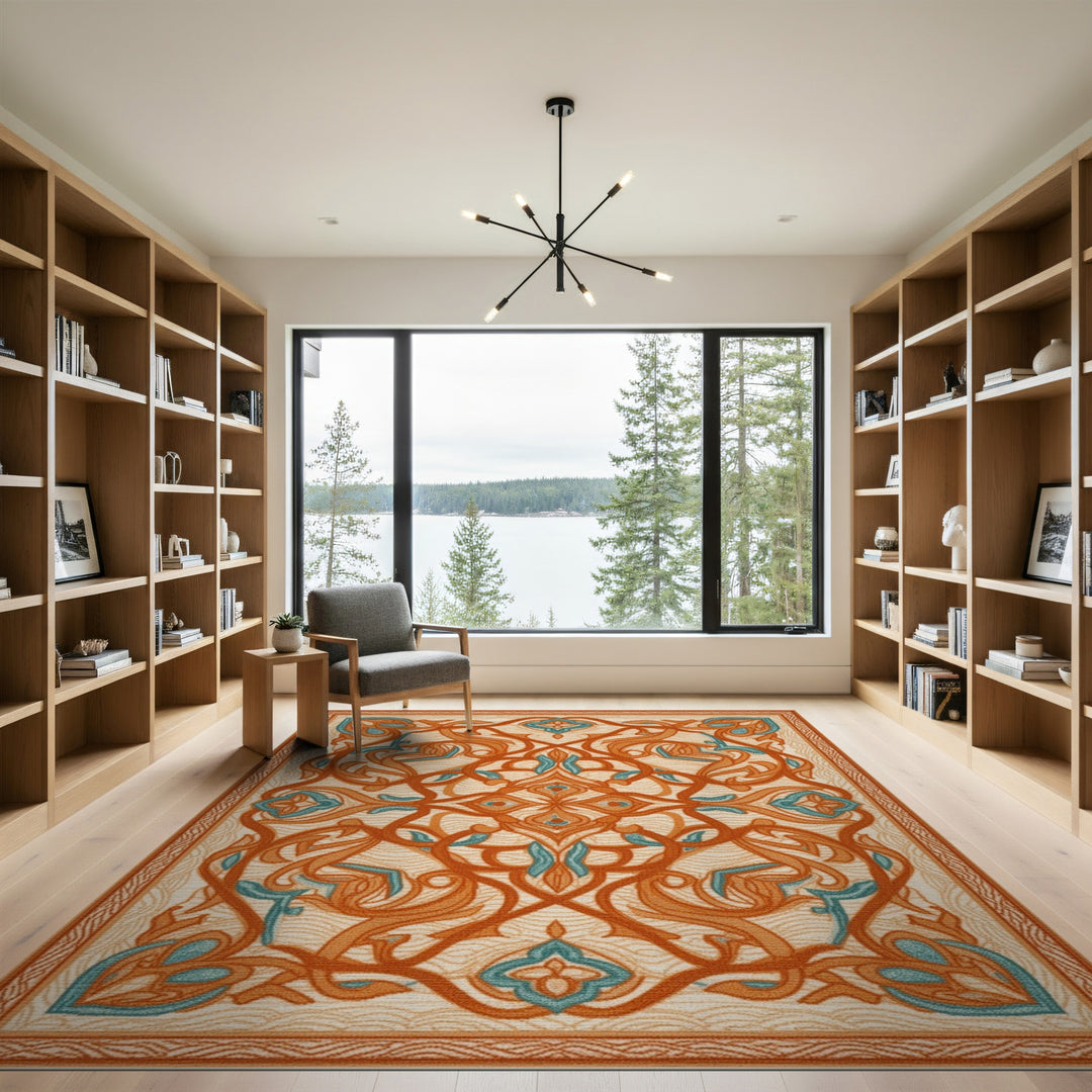 ODIKA Orange Teal Floral Vintage Area Rug
