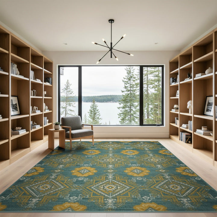 Blue and Teal Gold Heritage Tribal Area Rug