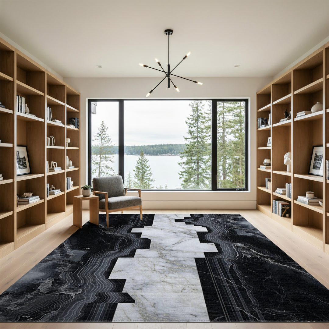 Black and White Black White Marble Geometric Area Rug