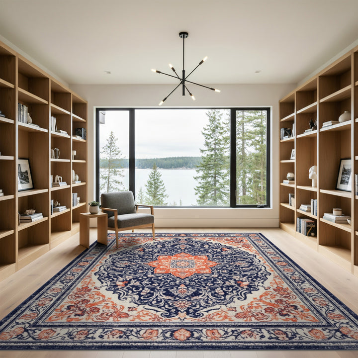 Traditional Persian Navy and Orange Area Rug