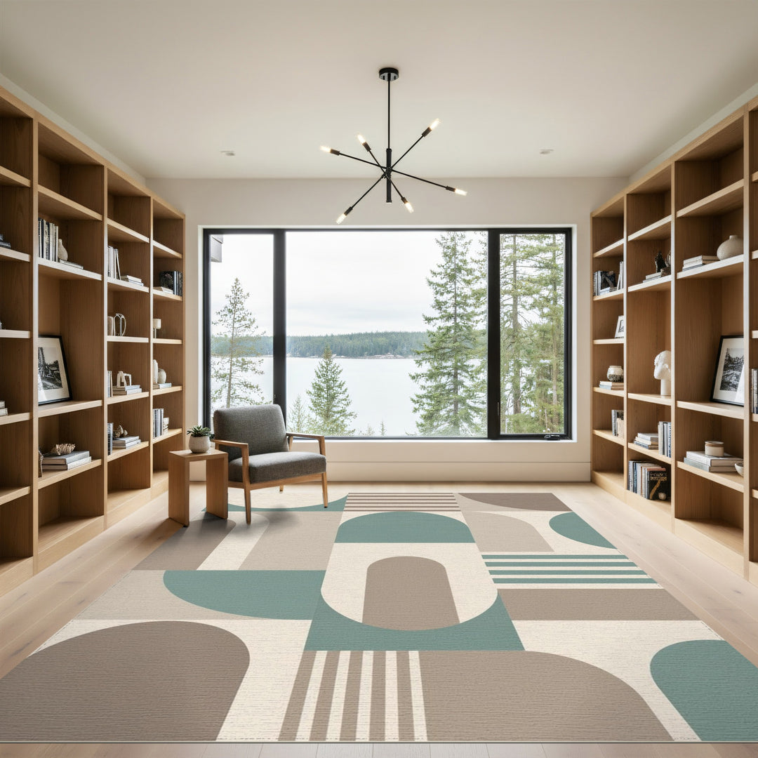 Geometric Beige Teal Area Rug
